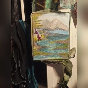 Hand-Painted Landscape, Magenta Bird, Sewn Frame To Fit The Painting.